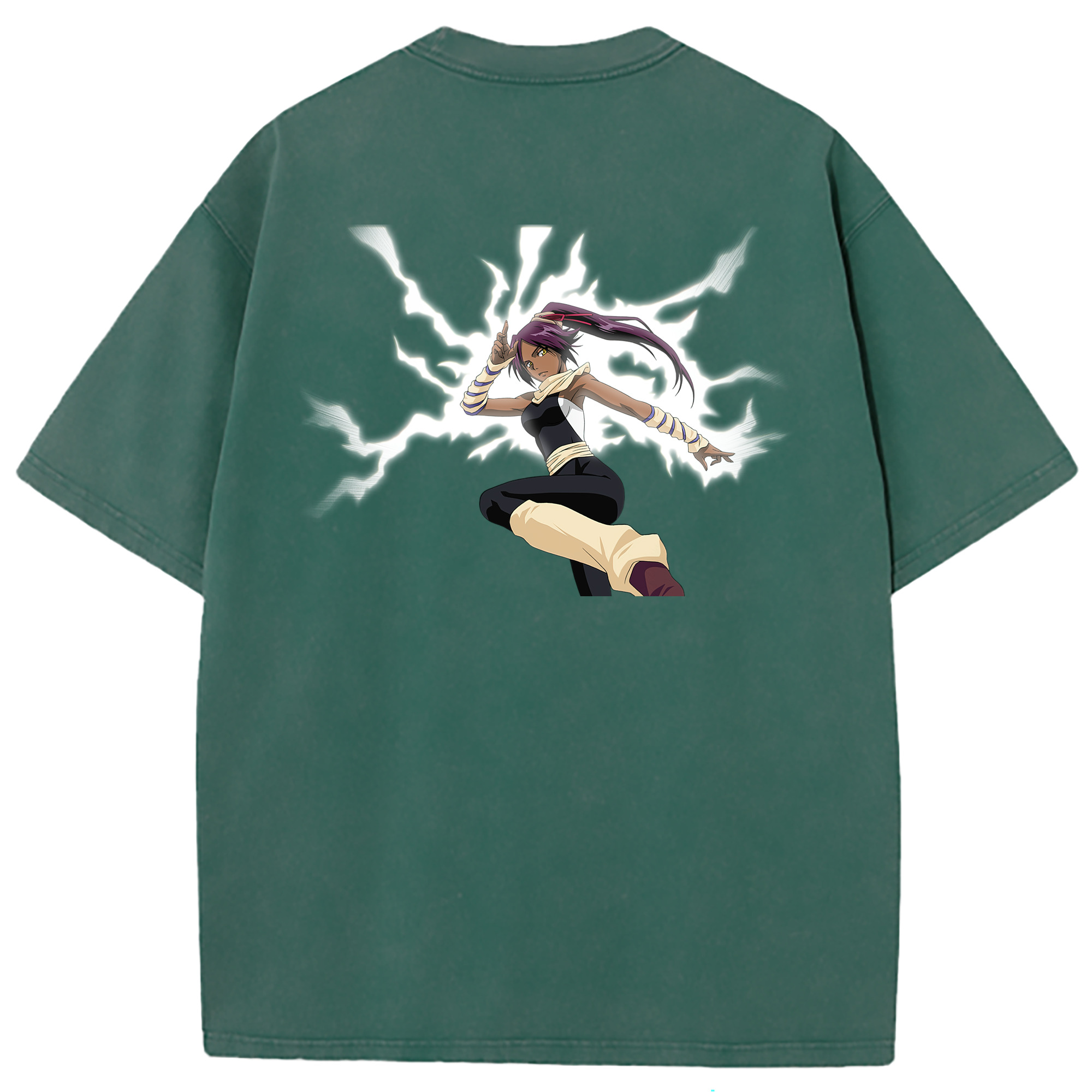 （画像用） ブリーチ 四楓院 夜一（しほういん よるいち） BLEACH Shihouin Yoruichi 綿100% ヴィンテージ風 半袖Tシャツ（背面プリント）
